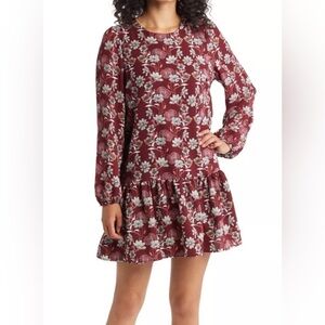 Caslon Floral Print Drop Waist Long Sleeve Mini Dress Size 2X Burgundy White